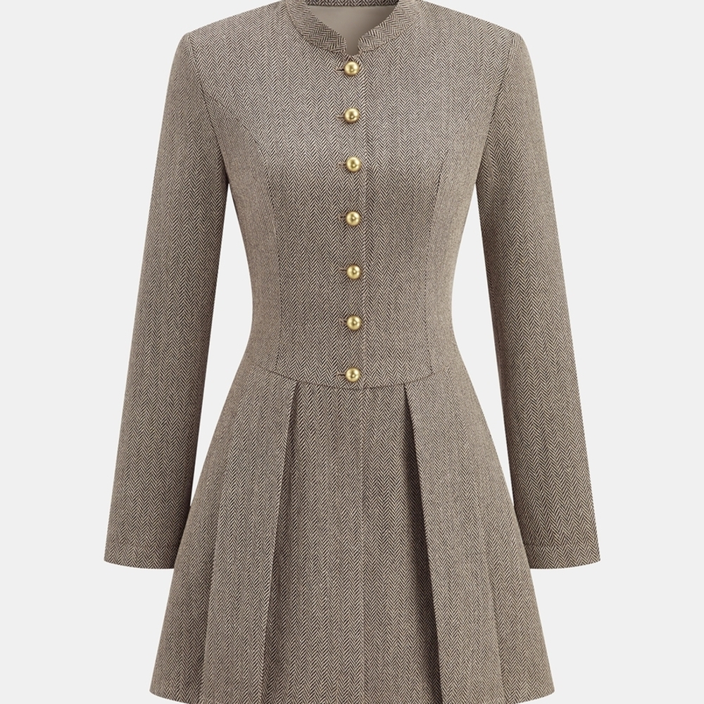 Commense Brown Herringbone Mini Dress with Gold Buttons